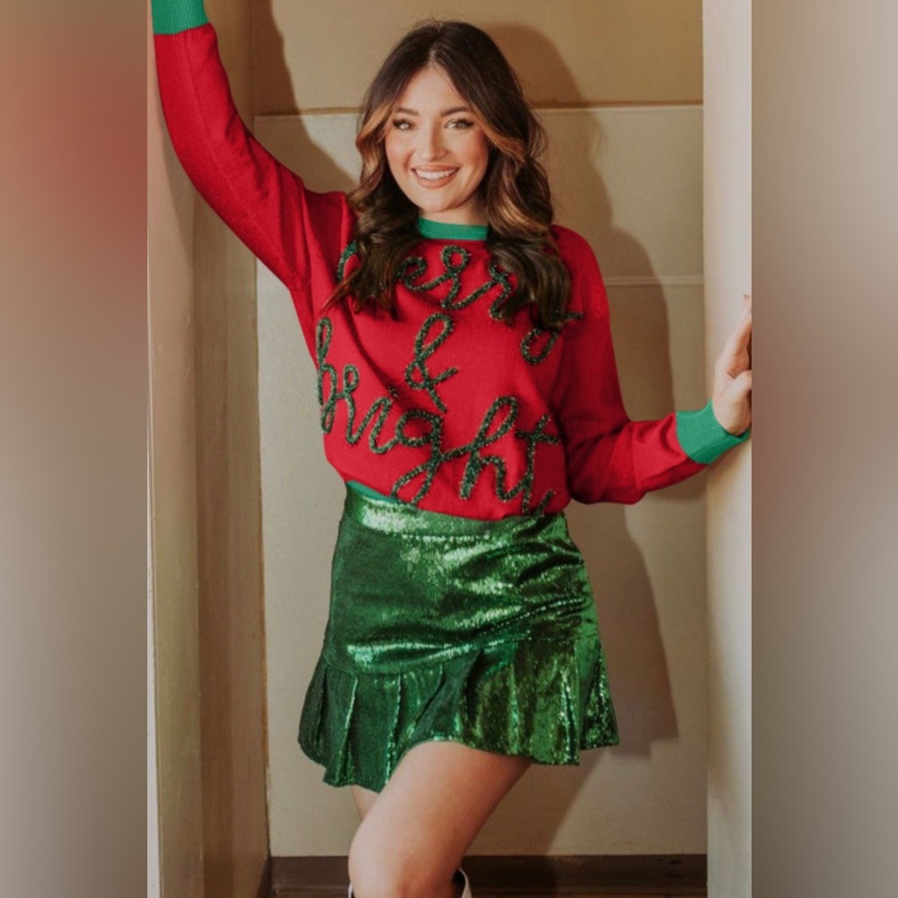 CHRISTMAS DROP: Fiery Red Tinsel Merry & Bright Graphic Contrast Trim Sweater